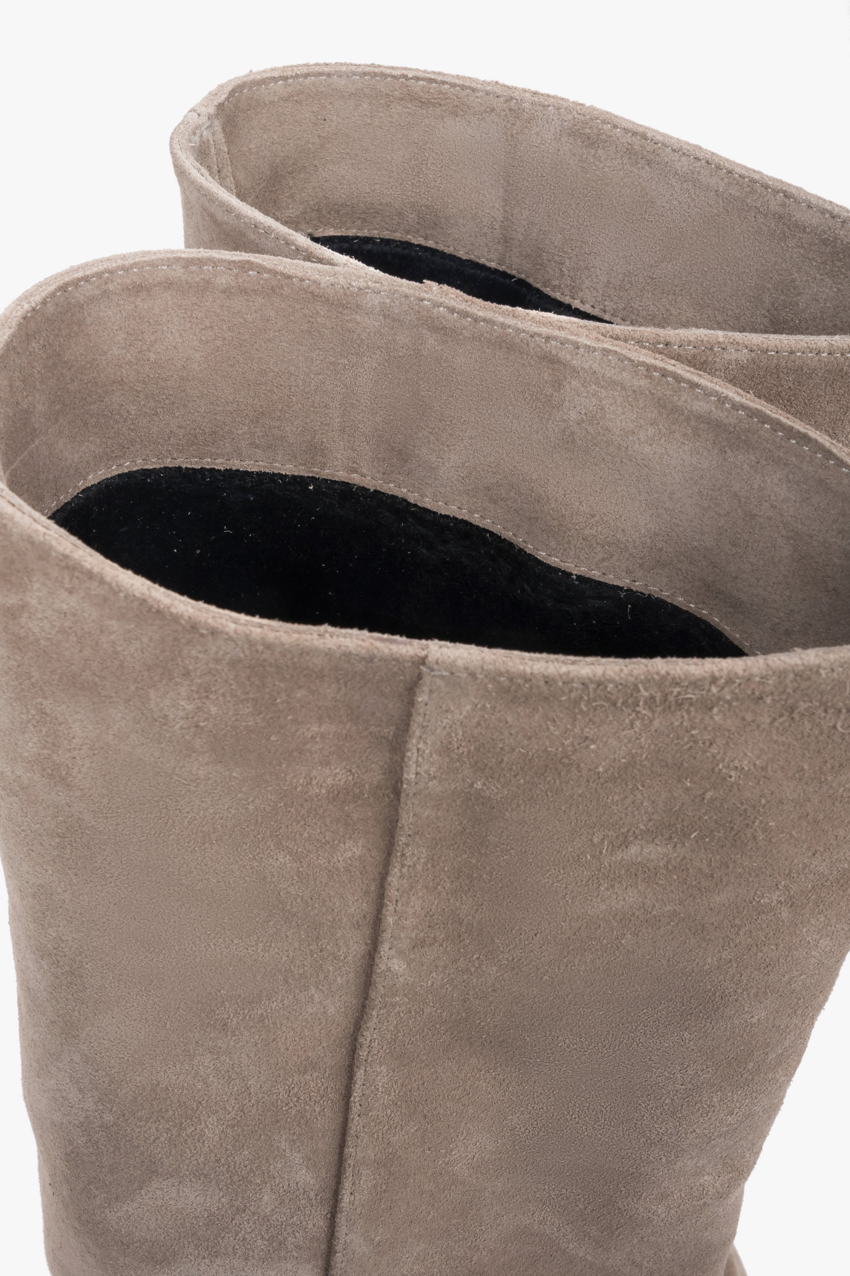 Women's beige knee-high boots Estro, made of genuine velour with a low flared heel.