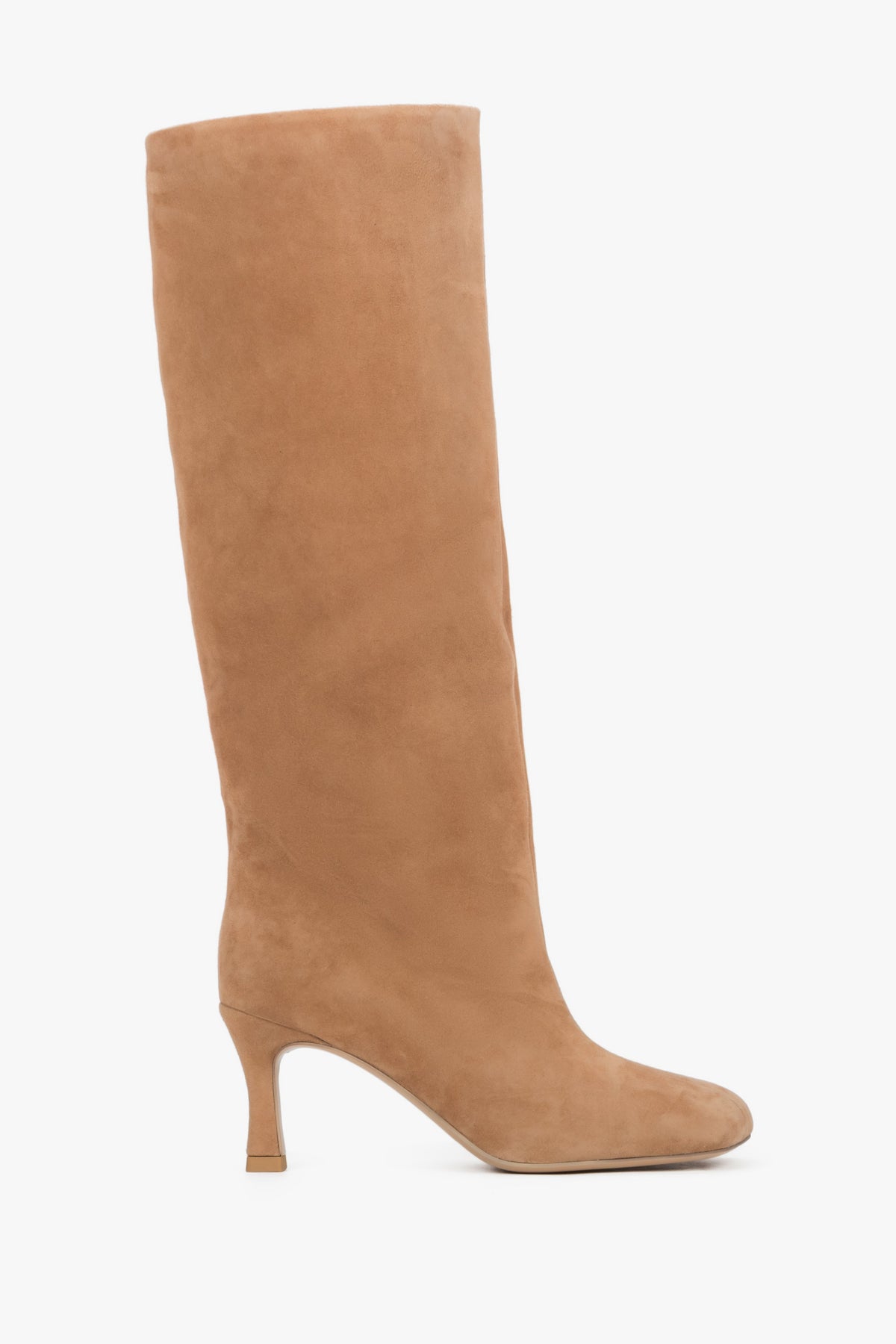 Women's Beige Knee-High Boots in Genuine Velour with a Stable Funnel Heel Estro ER00118398.