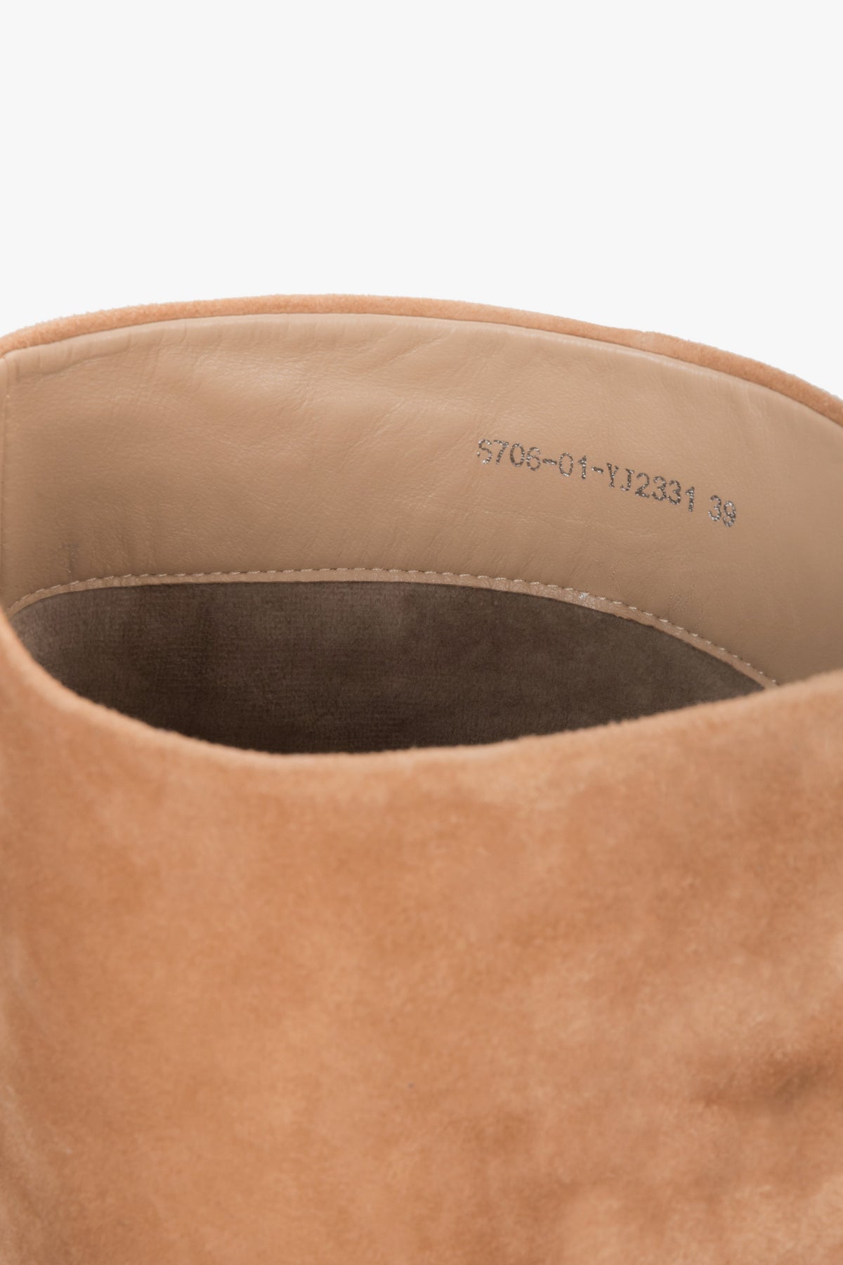 In natural velour, beige women’s knee-high boots with a stable funnel heel Estro.