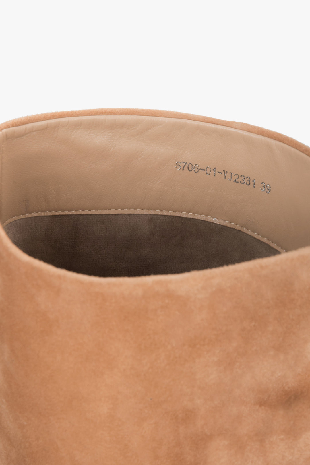 In natural velour, beige women’s knee-high boots with a stable funnel heel Estro.