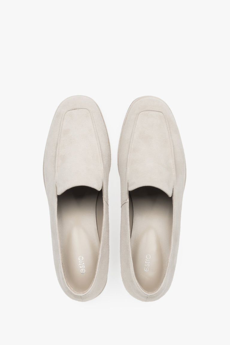 Top view of women's beige velour loafers by Estro