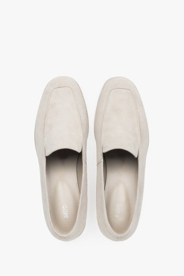Top view of women's beige velour loafers by Estro
