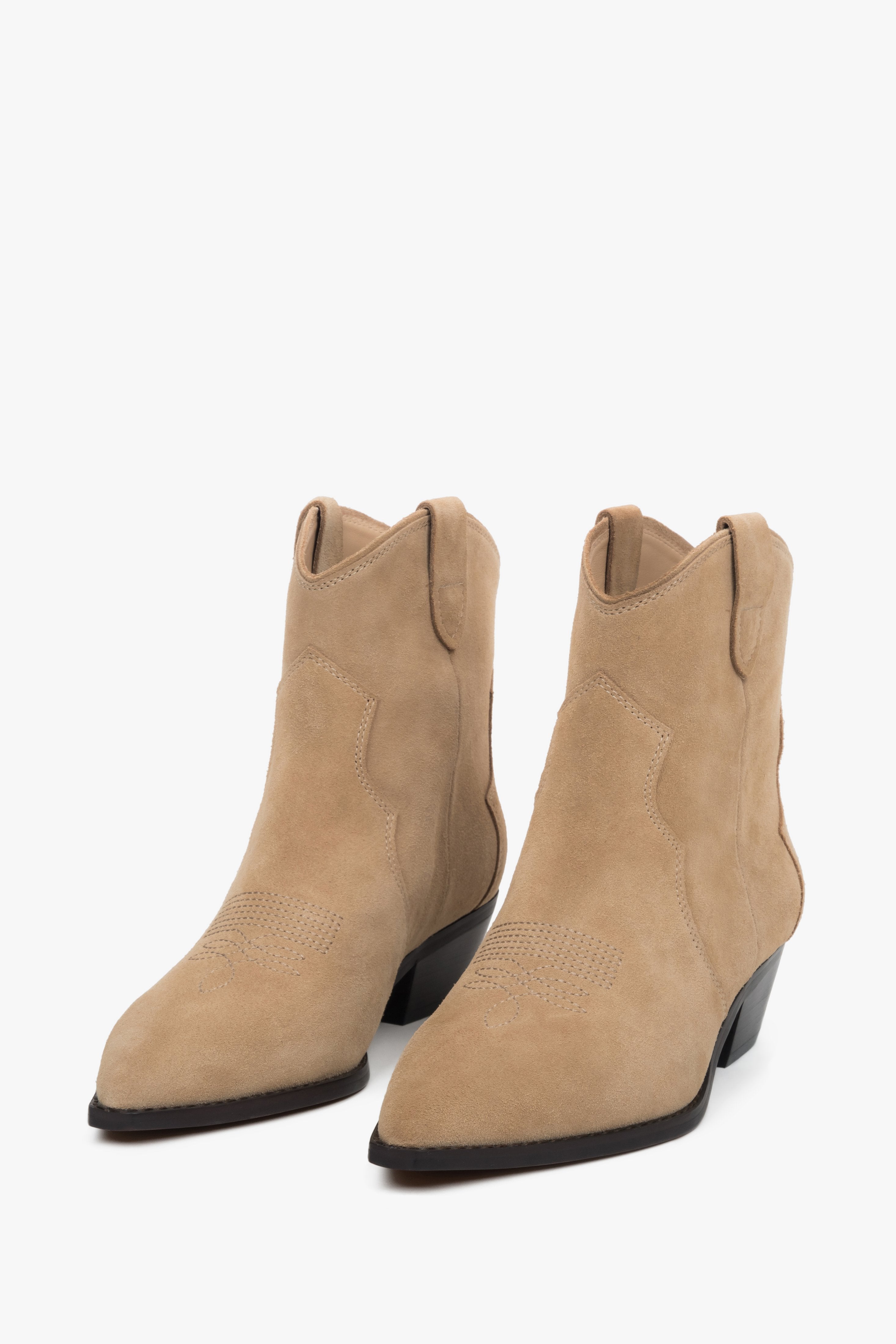 Made of genuine velour, low, beige women’s cowboy boots Estro.