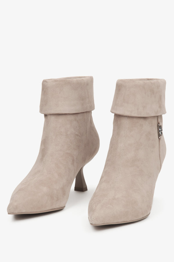 Beige velour ankle boots for women featuring a low heel, designed by Estro.