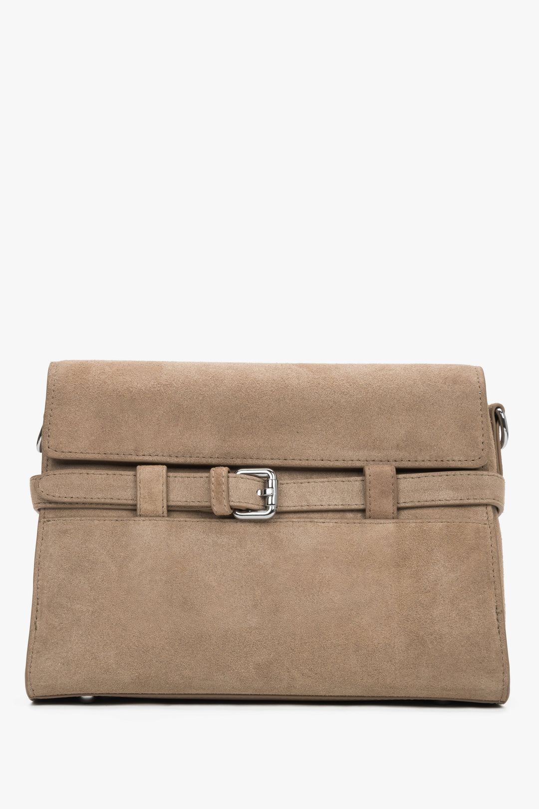 Women's beige velour shoulder bag with decorative buckle by Estro