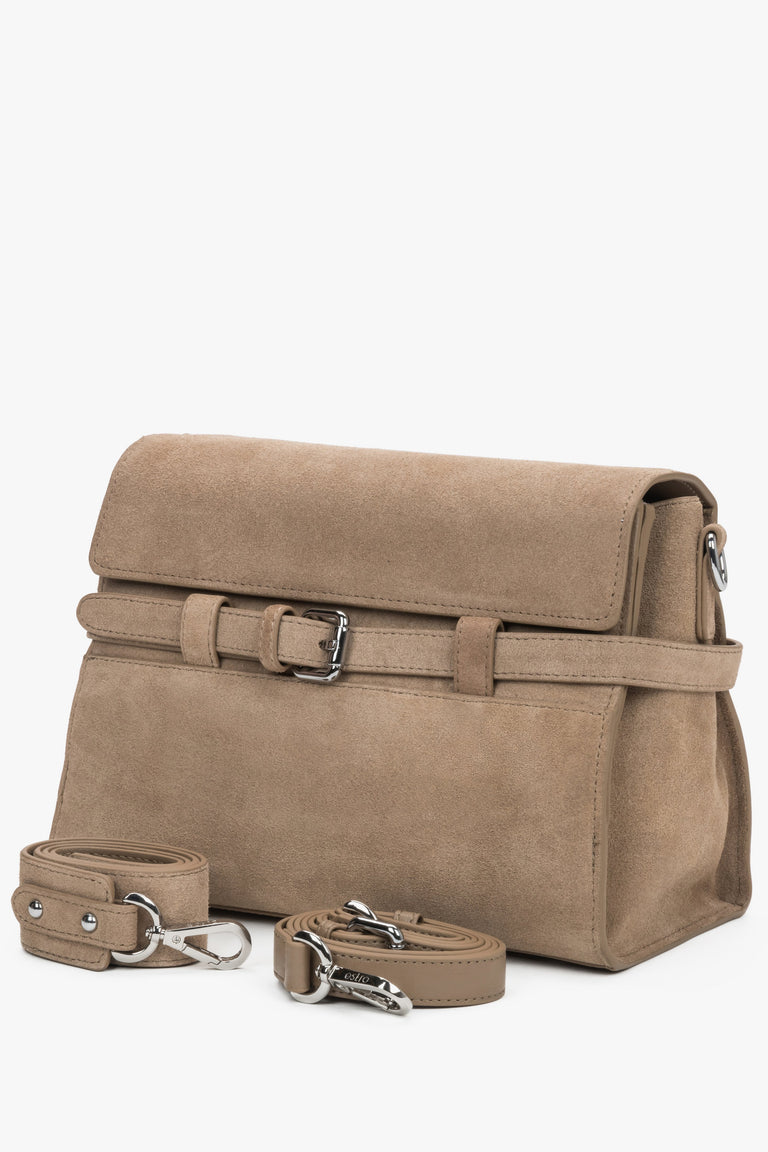 Front view of women's beige velour shoulder bag with buckle by Estro