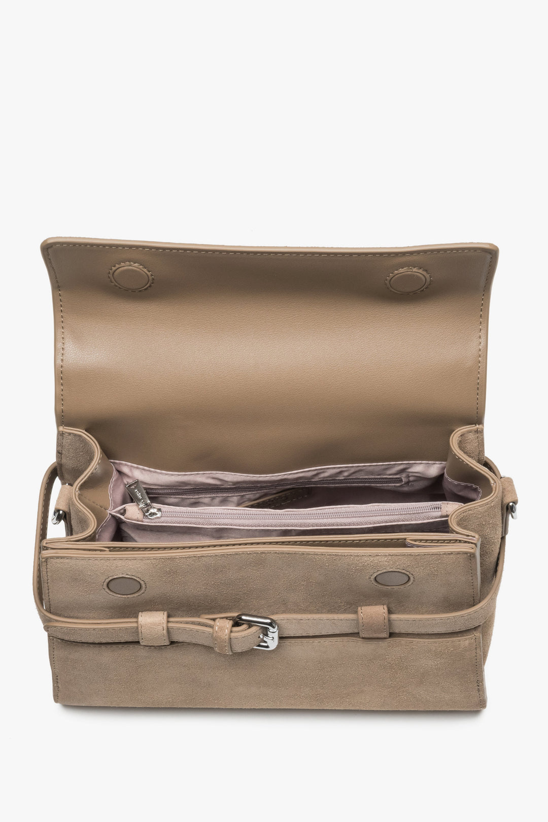 Interior view of women's beige velour shoulder bag with compartments