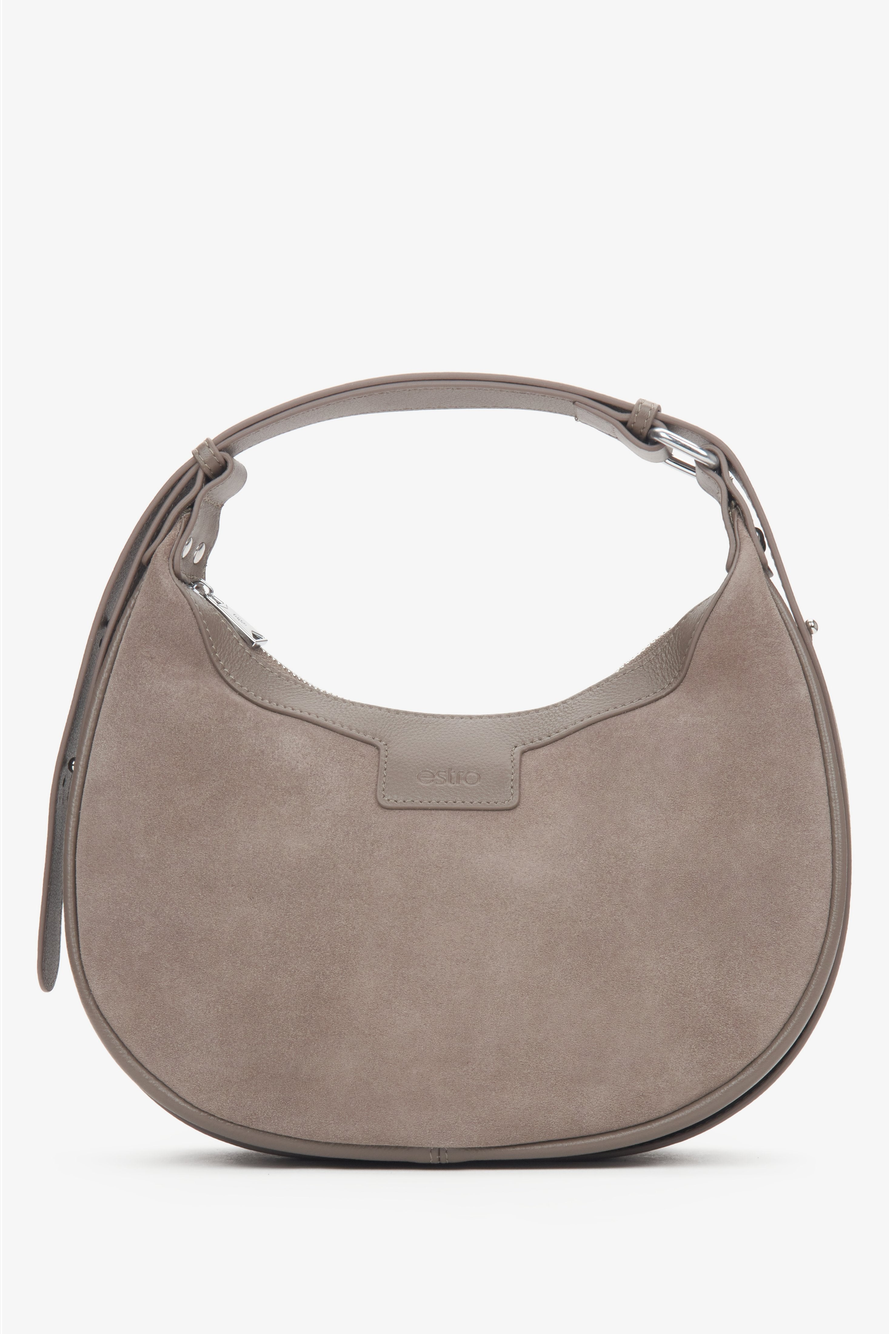 Women's Beige Genuine Velour Shoulder Bag in Half-Moon Shape Estro ER00116650.