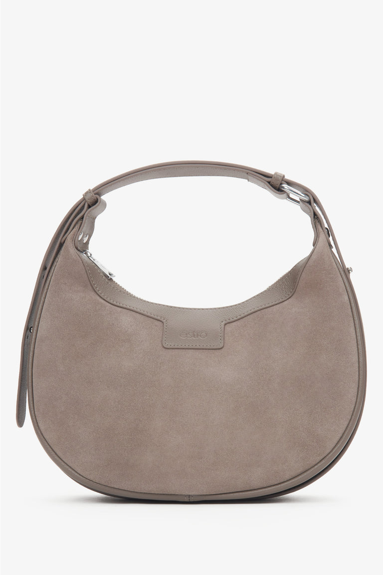 Women's Beige Genuine Velour Shoulder Bag in Half-Moon Shape Estro ER00116650.