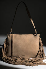 Women's Beige Velour Shoulder Bag with Long Fringes Estro ER00119892.