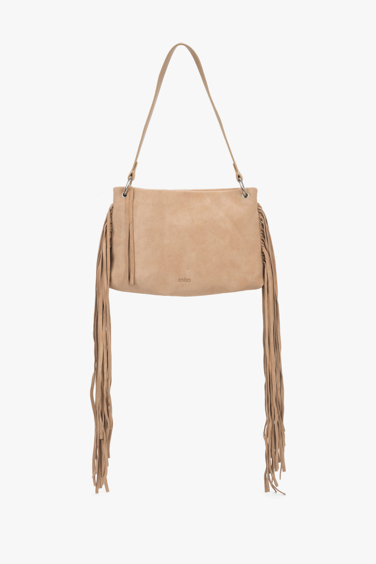 Women's beige Estro shoulder bag made of natural velour, featuring a smooth front design and long, dense fringes decorating the sides of the model.