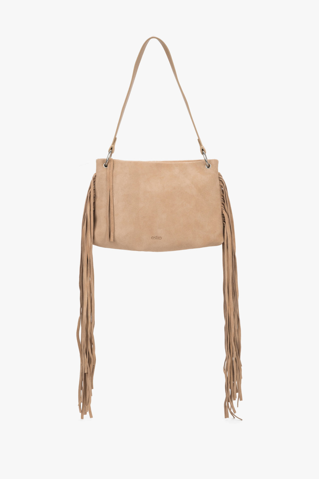 Women's beige Estro shoulder bag made of natural velour, featuring a smooth front design and long, dense fringes decorating the sides of the model.