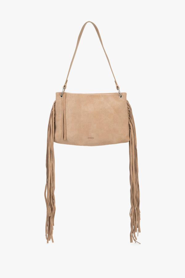 Women's beige Estro shoulder bag made of natural velour, featuring a smooth front design and long, dense fringes decorating the sides of the model.