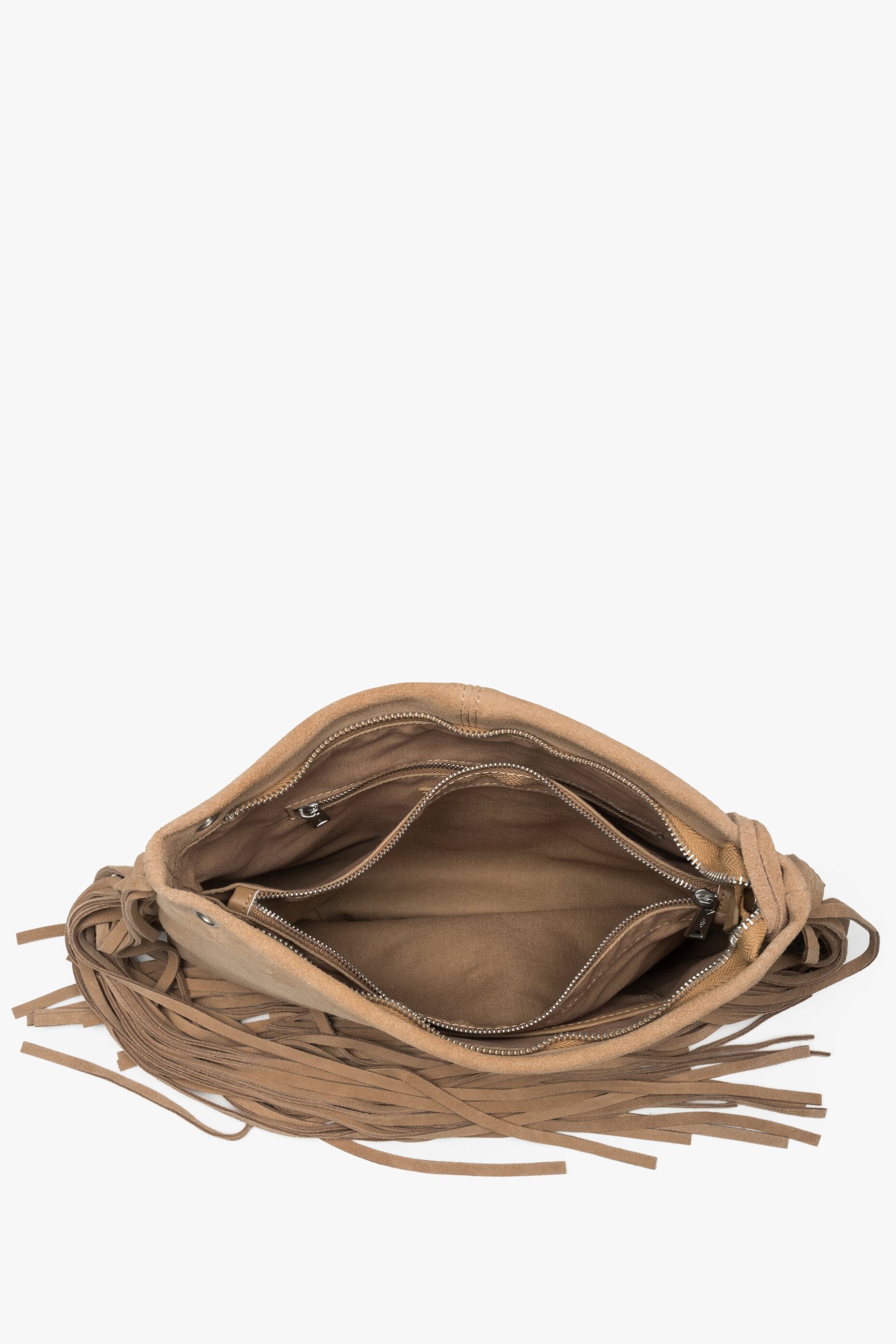A top-down shot showing the spacious interior with a textile lining, three separate compartments, and smaller pockets.