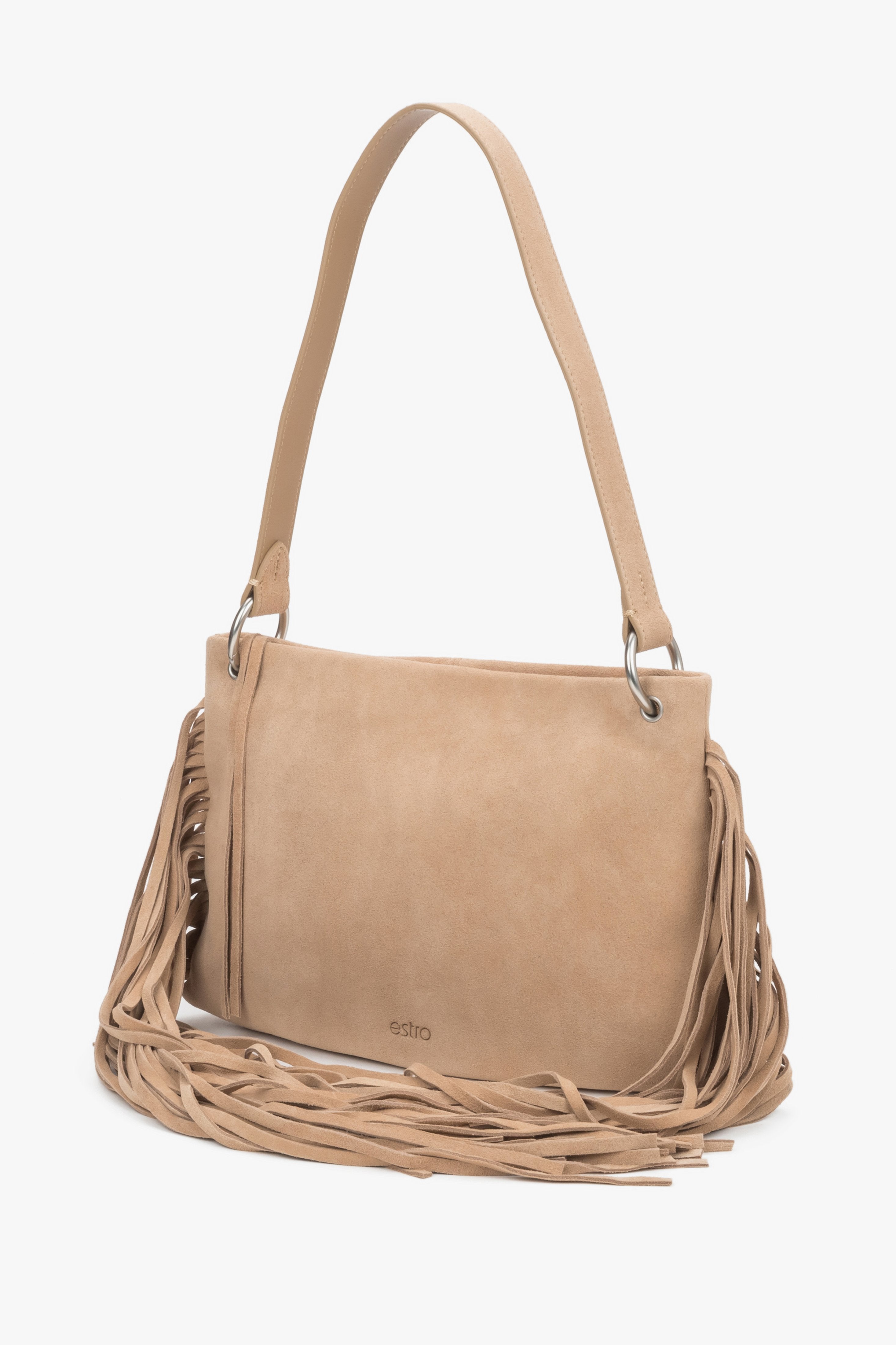 A profile shot of the bag highlighting its optimal depth of 13 cm, a comfortable shoulder strap, and silver metal hardware.
