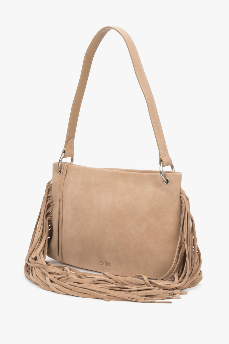 A profile shot of the bag highlighting its optimal depth of 13 cm, a comfortable shoulder strap, and silver metal hardware.
