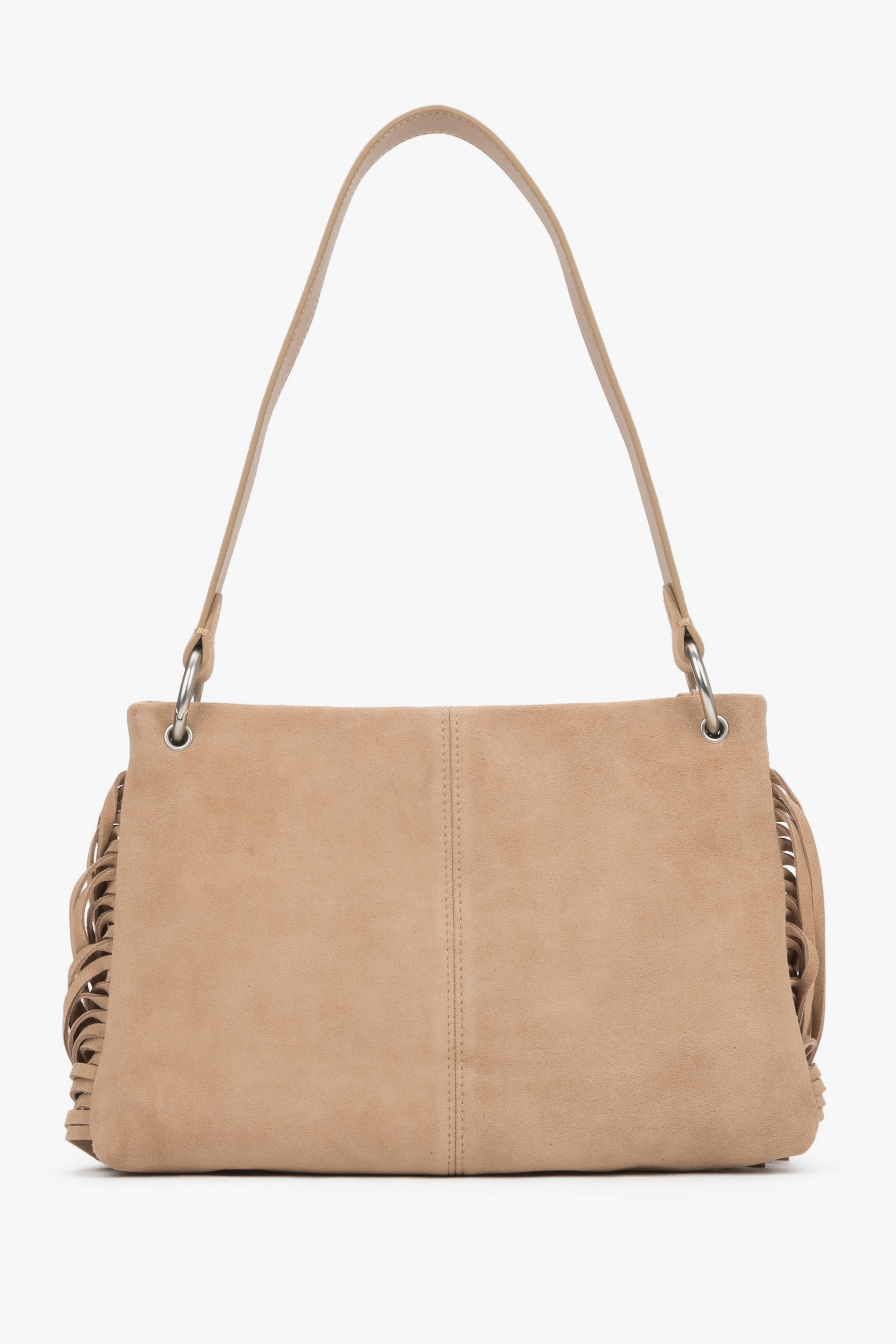 The back of the bag displaying precise, vertical stitching down the center and the light, luxurious texture of the suede material.