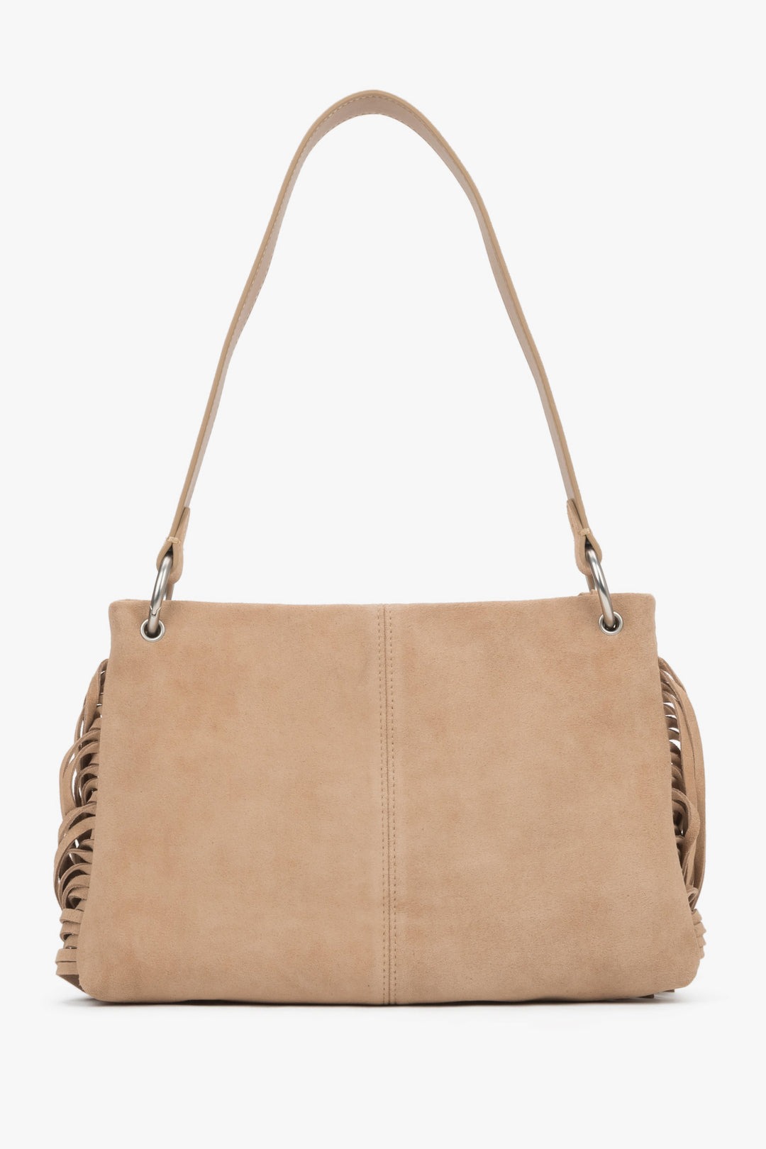The back of the bag displaying precise, vertical stitching down the center and the light, luxurious texture of the suede material.