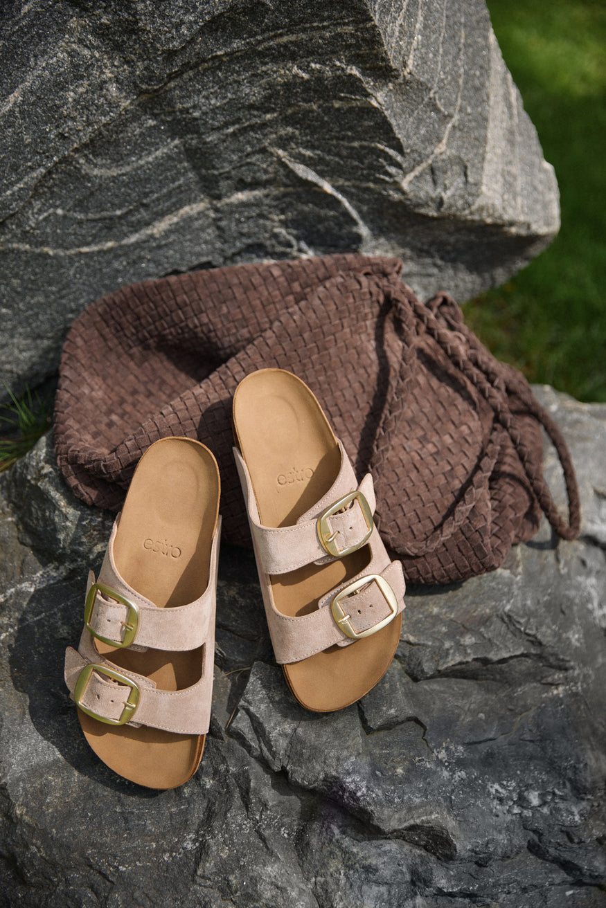 Women's Beige Velour Slide Sandals with Thick Straps Estro ER00115134