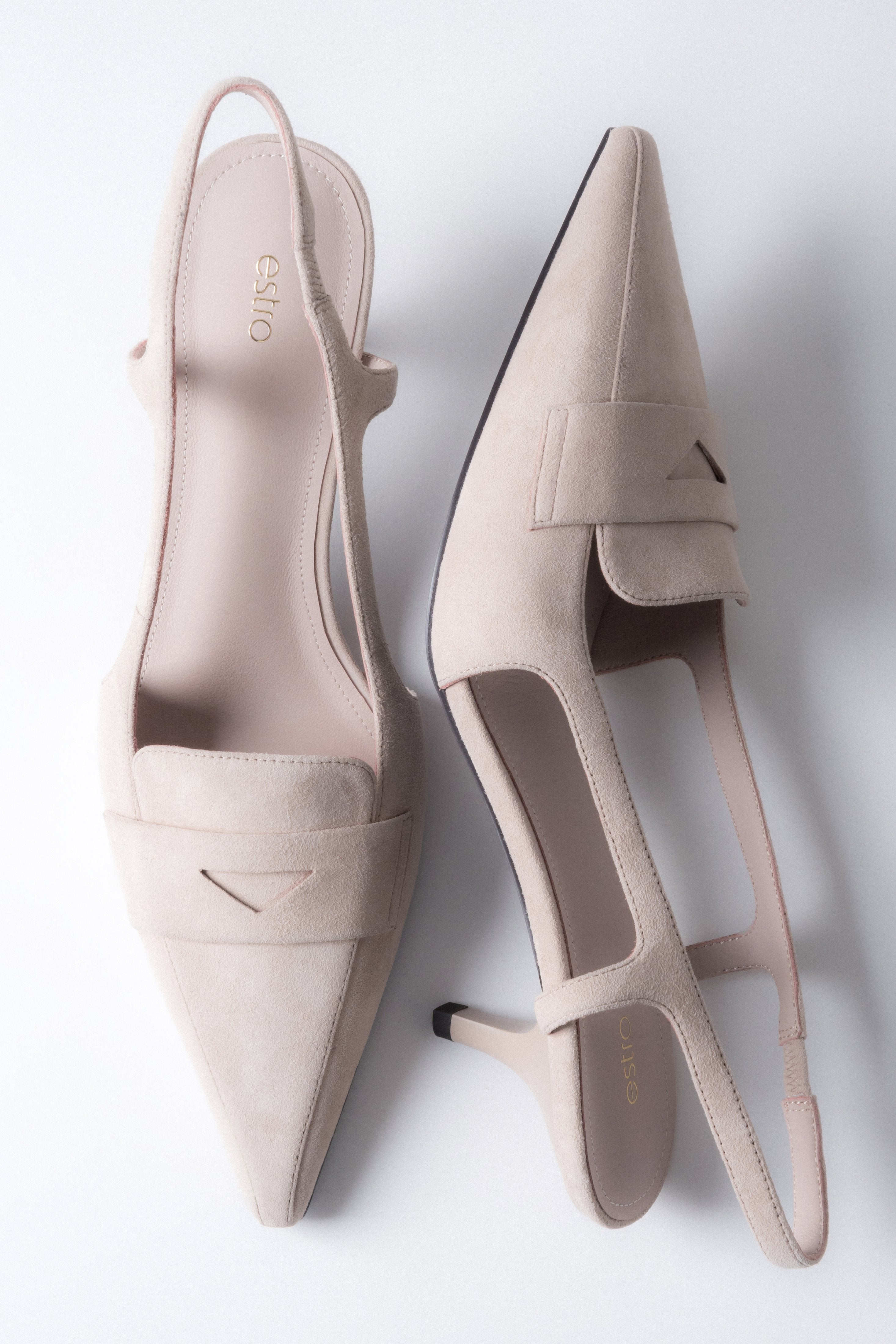 Women's slingback pumps, beige, made of natural velour, featuring a kitten heel, from Estro.