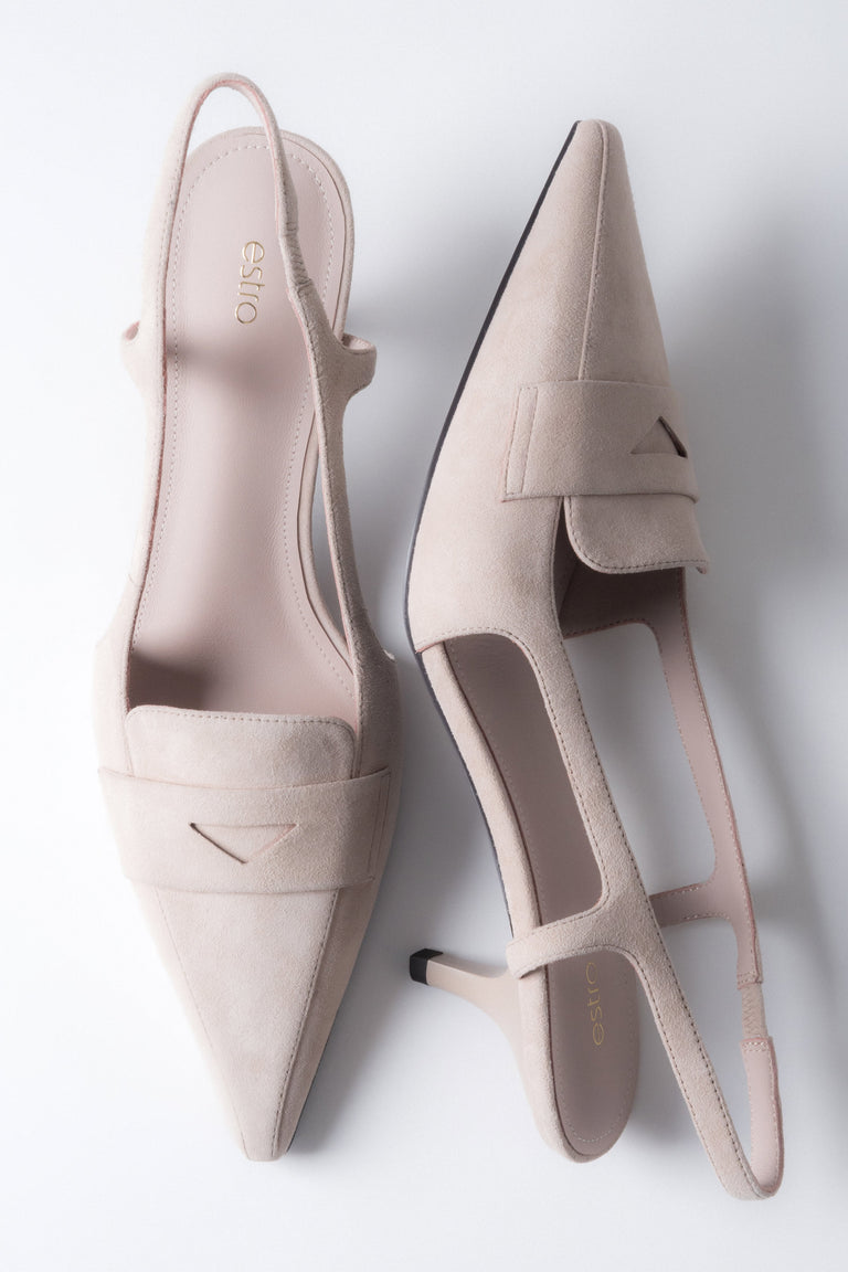 Women's slingback pumps, beige, made of natural velour, featuring a kitten heel, from Estro.