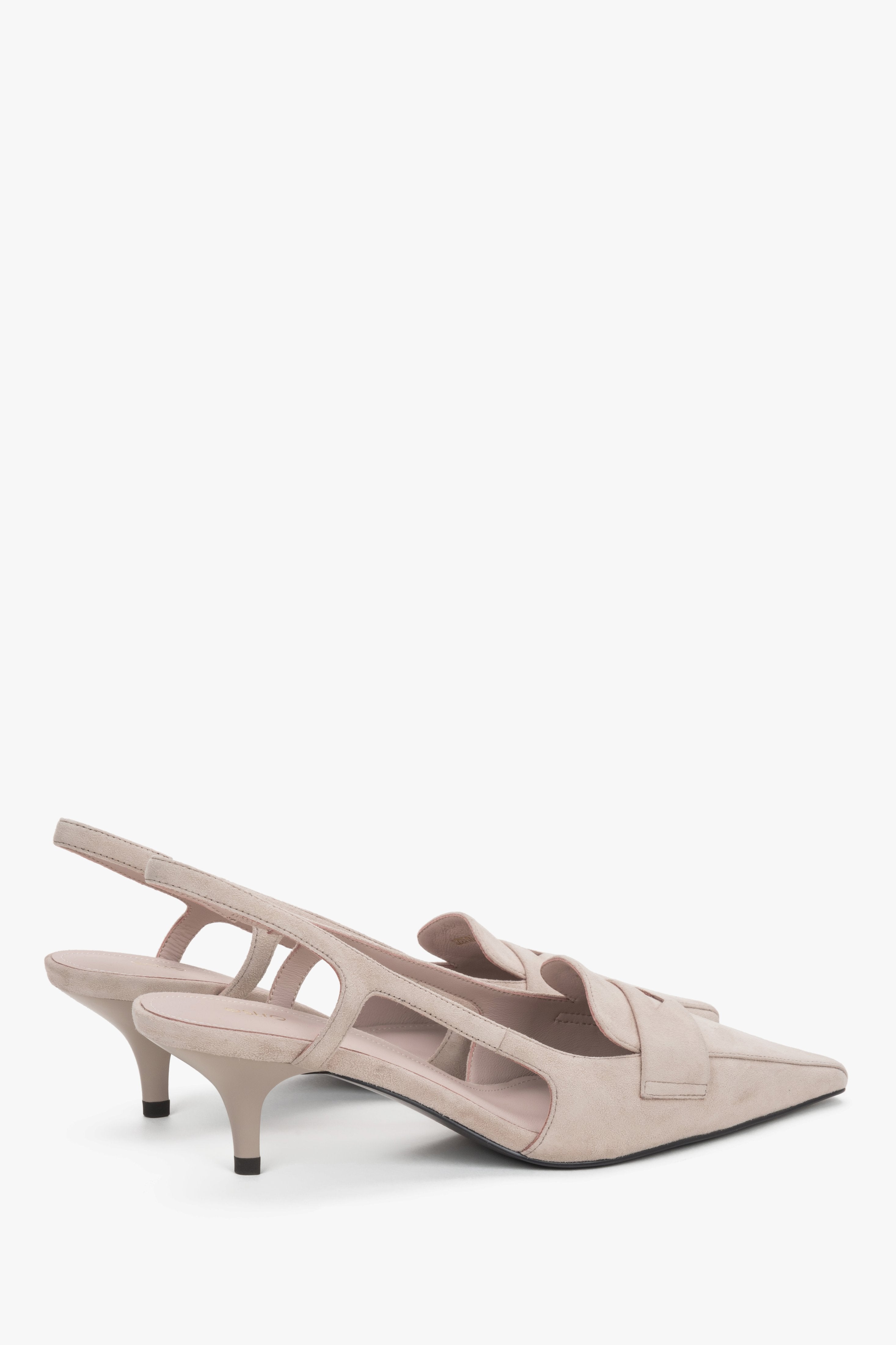 Natural velour beige women's slingback pumps on a kitten heel, Estro.