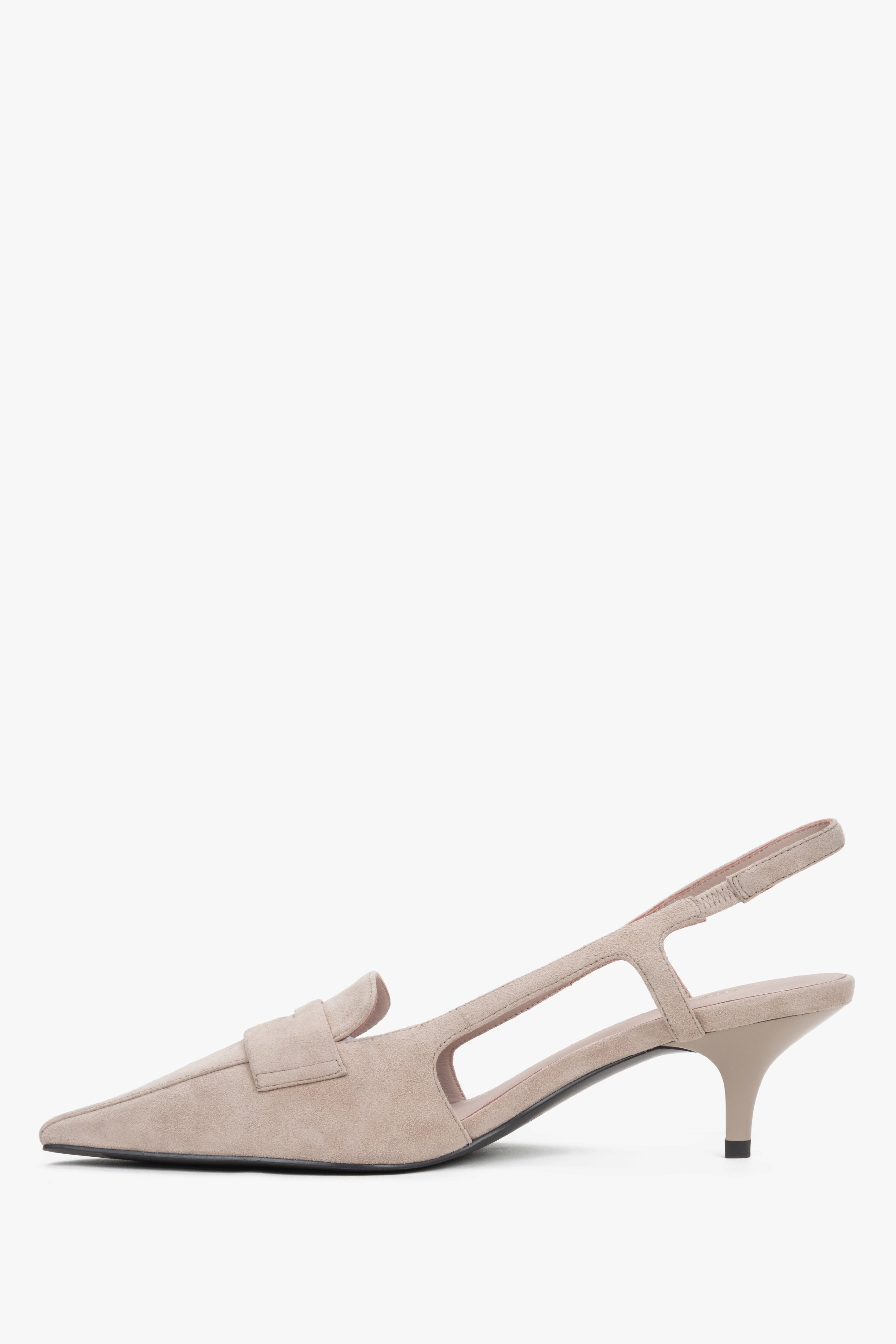 Beige women's slingback pumps by Estro, on a low kitten heel, crafted in natural velour.