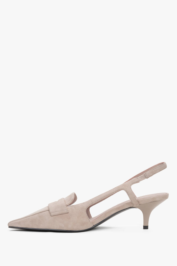 Beige women's slingback pumps by Estro, on a low kitten heel, crafted in natural velour.