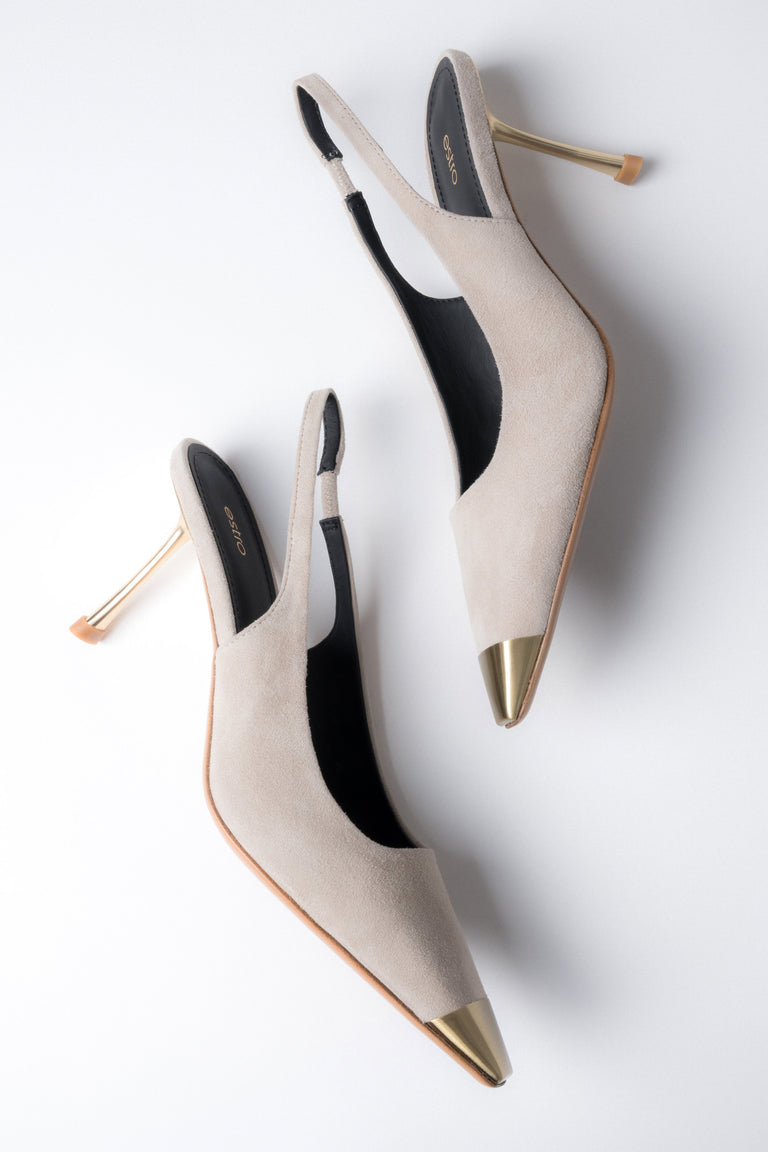 Women's beige velour slingback stilettos by Estro with gold details