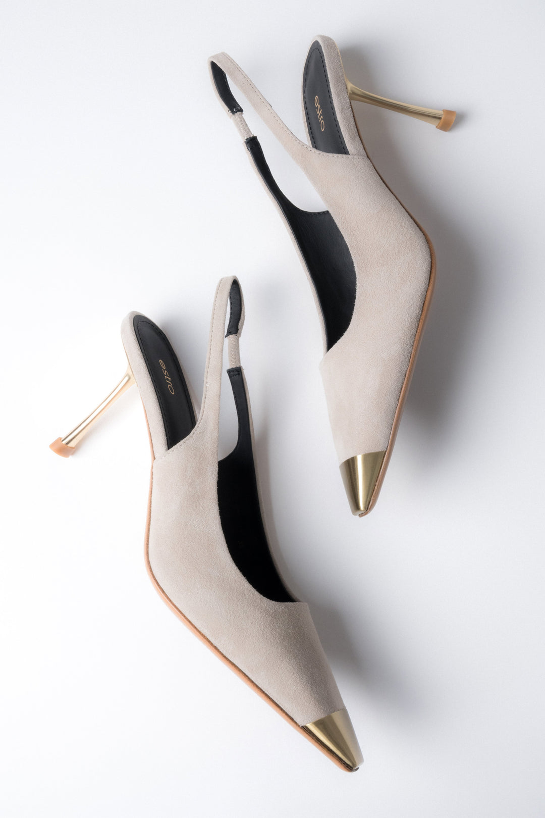 Women's beige velour slingback stilettos by Estro with gold details