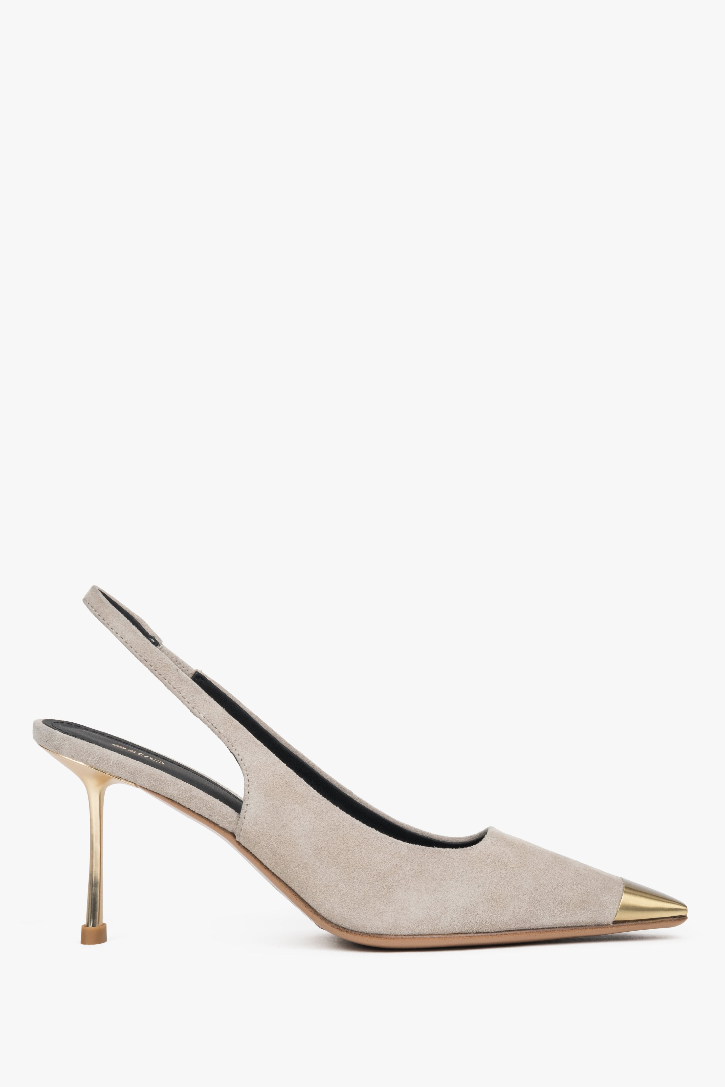Side view of women's beige velour slingback stilettos with gold heel