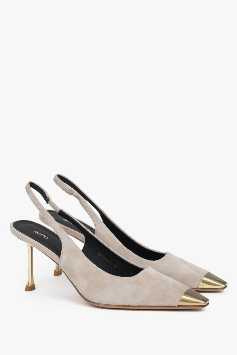 Women's beige slingback stilettos with gold pointed toe and heel