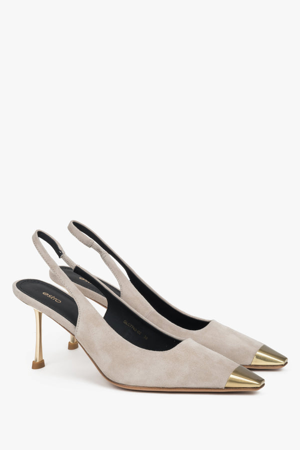 Women's beige slingback stilettos with gold pointed toe and heel