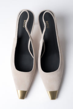 Top view of women's beige velour slingback stilettos