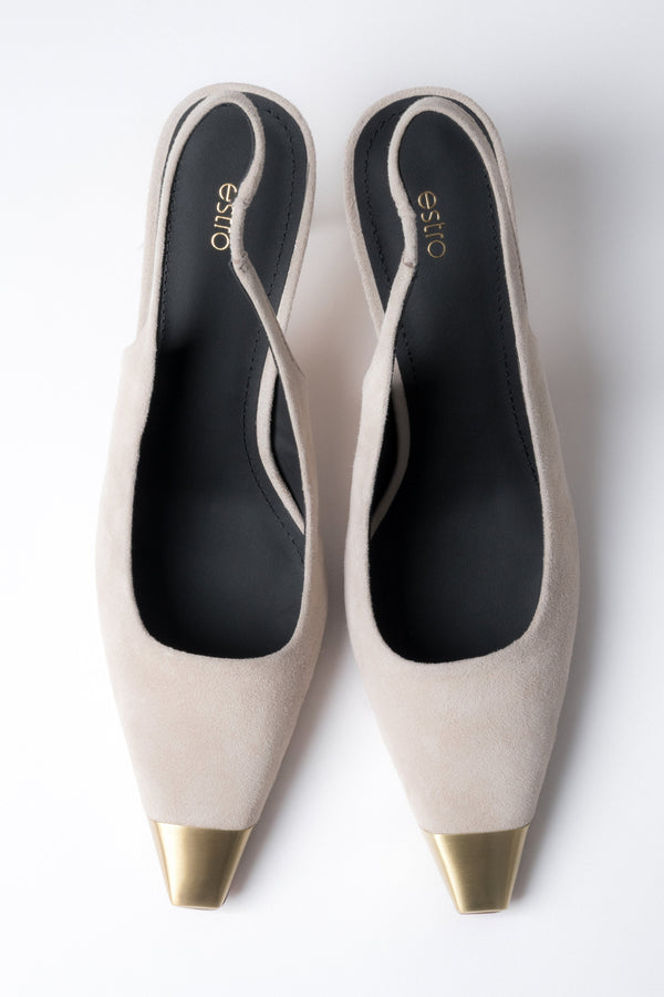 Top view of women's beige velour slingback stilettos