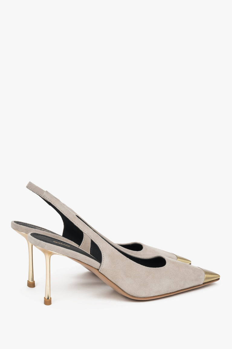 Back view of women's beige slingback stilettos with open heel