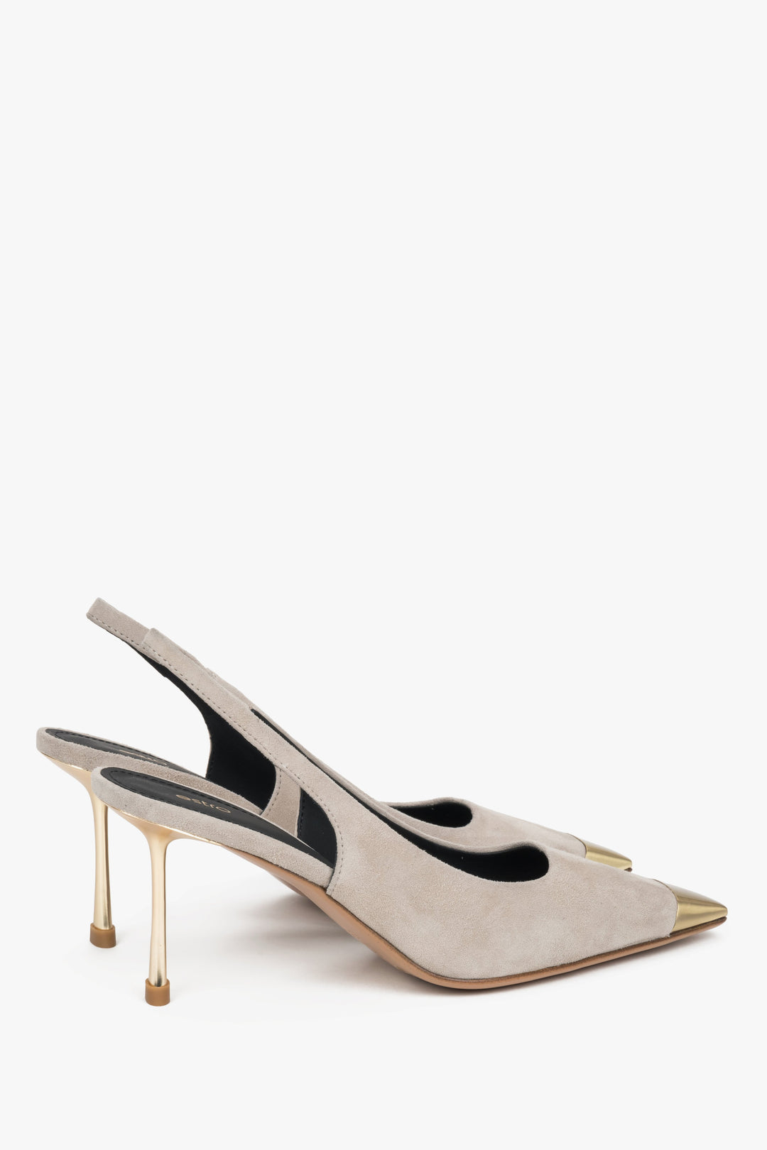 Back view of women's beige slingback stilettos with open heel