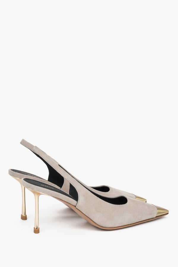 Back view of women's beige slingback stilettos with open heel