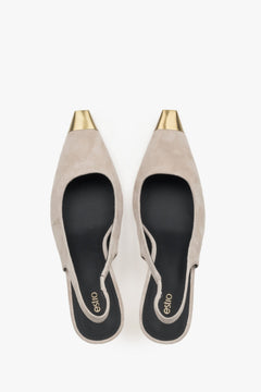 Top view of women's beige velour slingback stilettos by Estro
