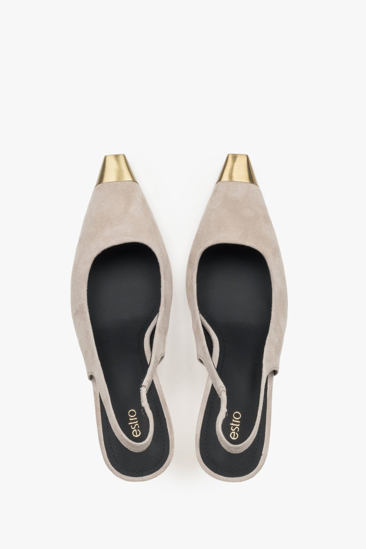 Top view of women's beige velour slingback stilettos by Estro