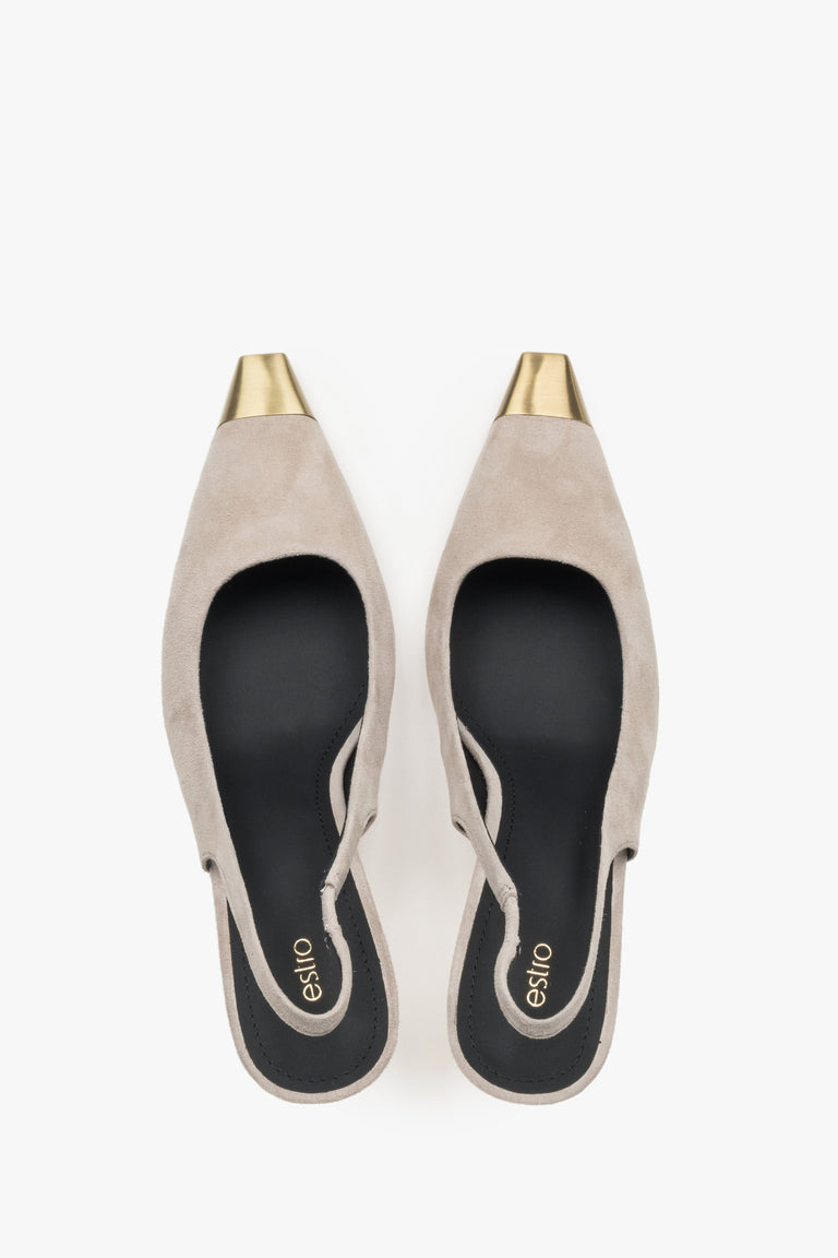 Top view of women's beige velour slingback stilettos by Estro
