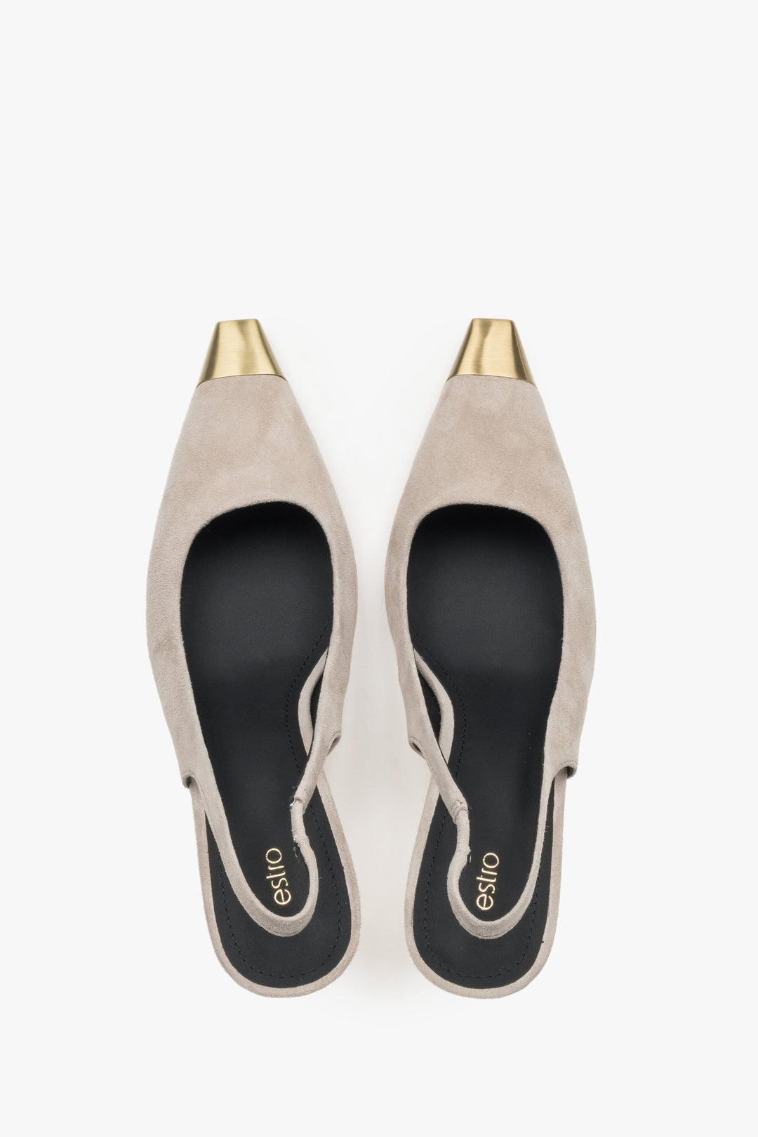 Top view of women's beige velour slingback stilettos by Estro