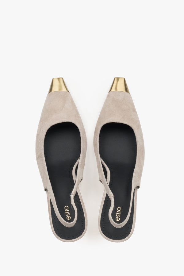 Top view of women's beige velour slingback stilettos by Estro