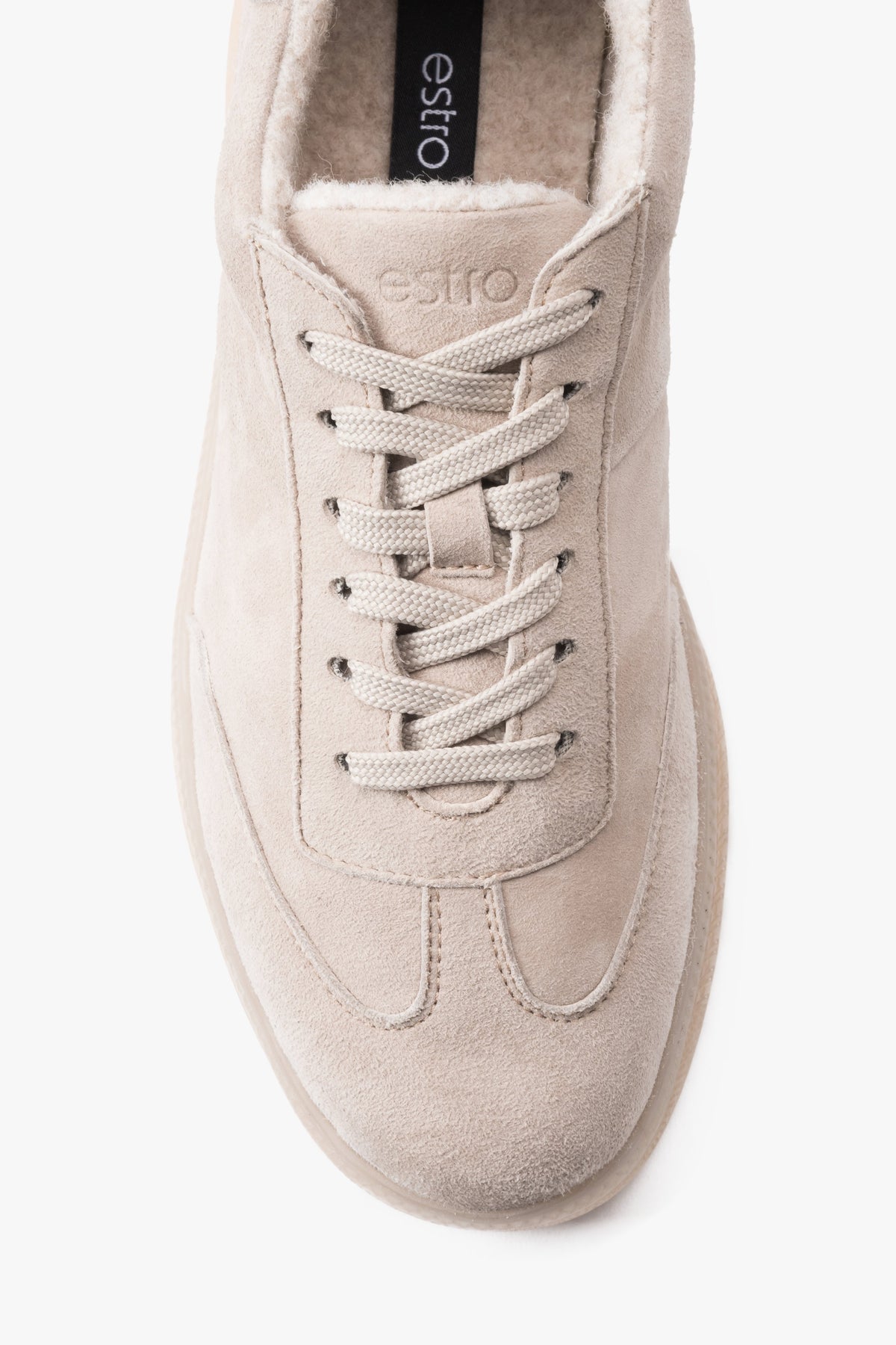 Women's beige velour sneakers with a faux fur lining for winter by Estro.
