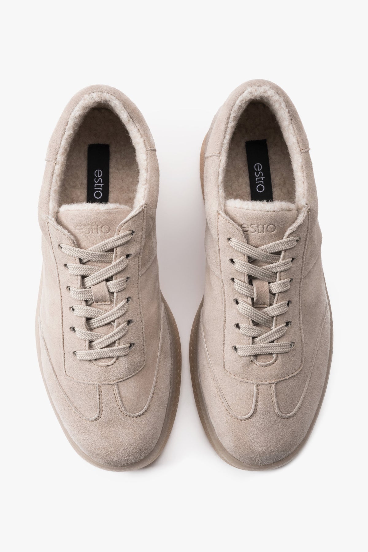 Beige women's velour sneakers with a soft faux fur lining for winter by Estro.