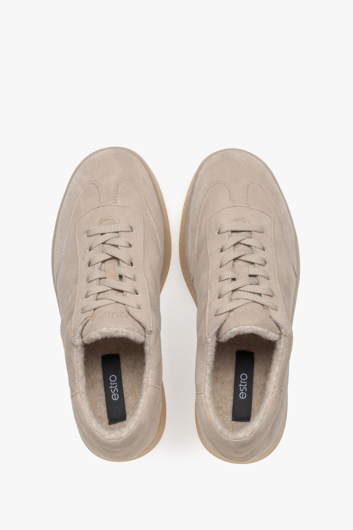 Warm beige women's velour sneakers with a faux fur lining by Estro.