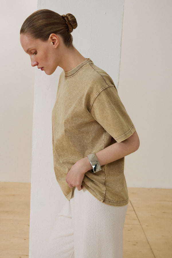 Women's beige T-shirt in a boxy-style silhouette.