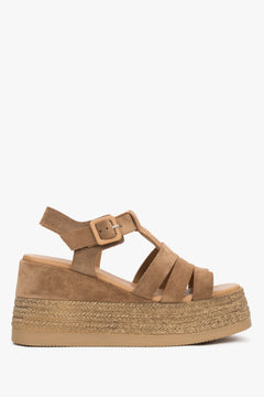 Women's Beige Wedge Sandals with Jute Braided Trim made of Soft Genuine Velour Estro ER00119636.