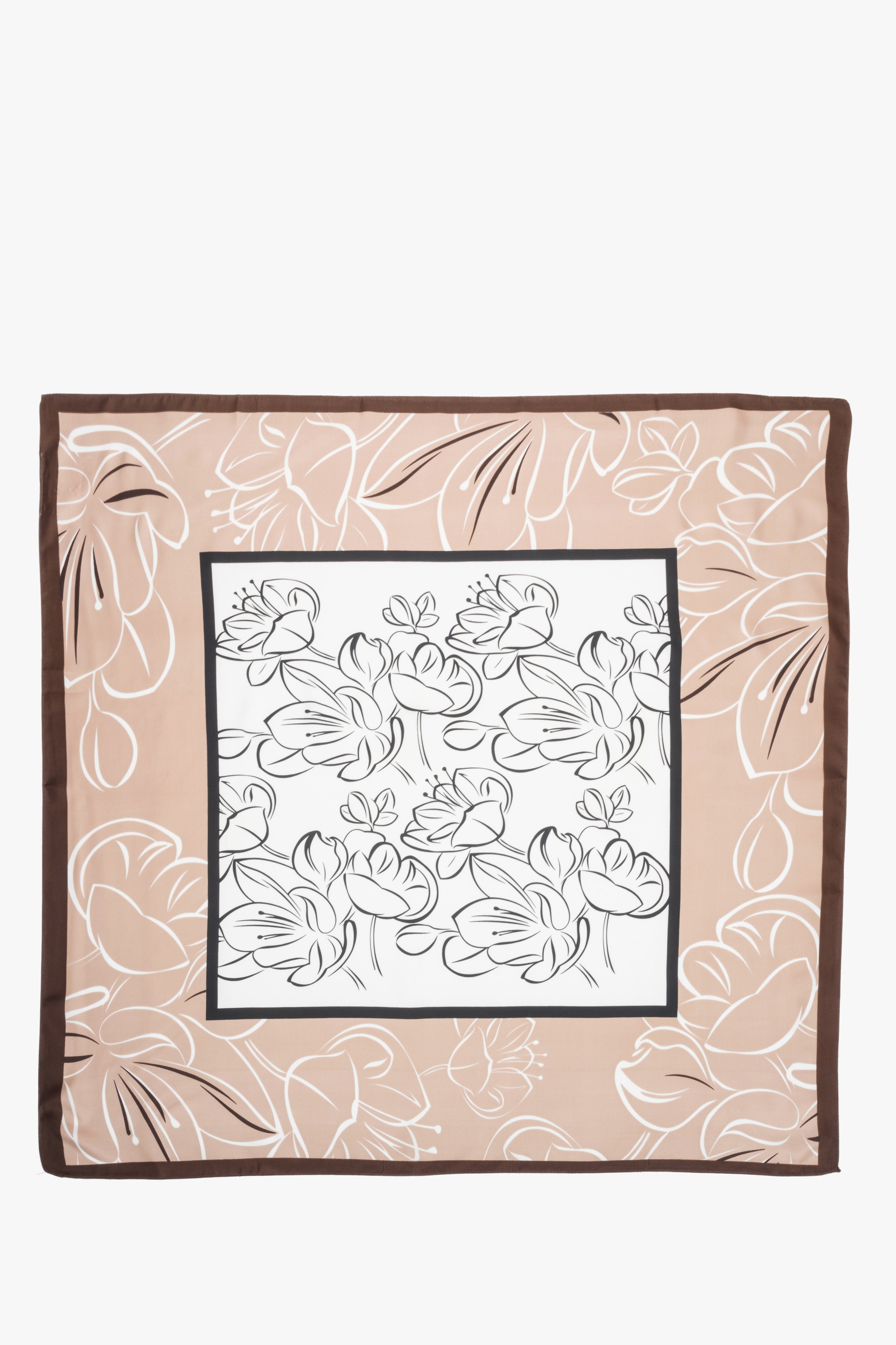 Beige, white and brown women’s neckerchief with floral pattern, Estro.