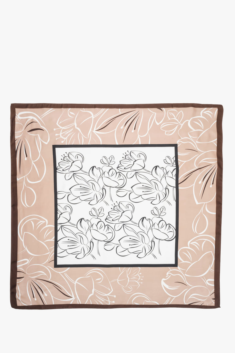 Beige, white and brown women’s neckerchief with floral pattern, Estro.